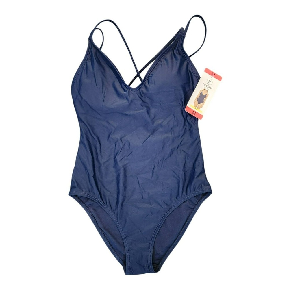 Hurley Womens Navy Blue V-Neck Cross Back One Piece Swimsuit UPF 50+ 1603047 M